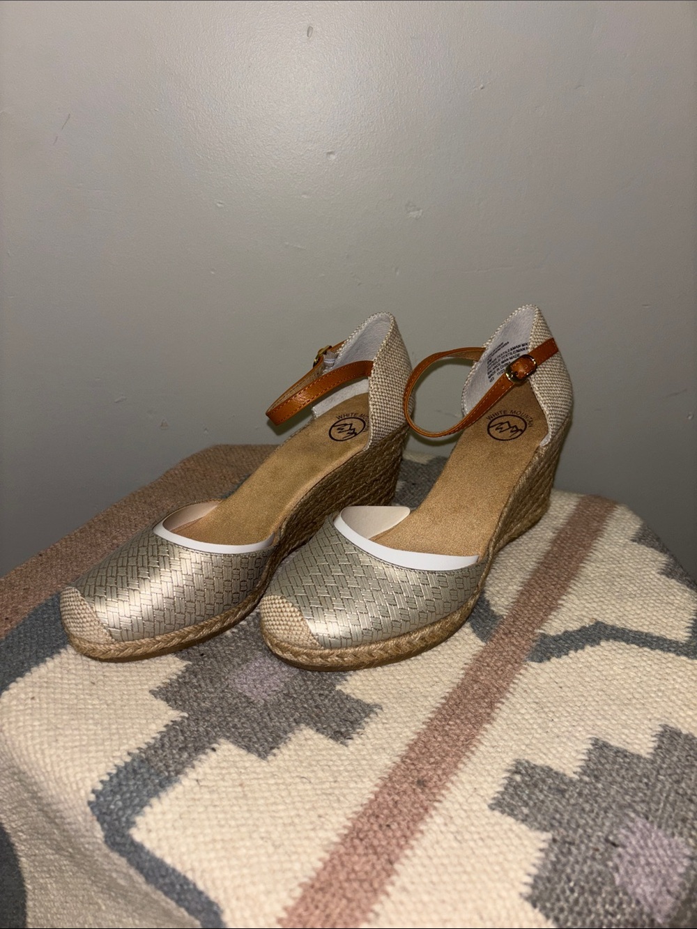 White Mountain Gold Woven Espadrille Wedges with Tan Ankle Strap